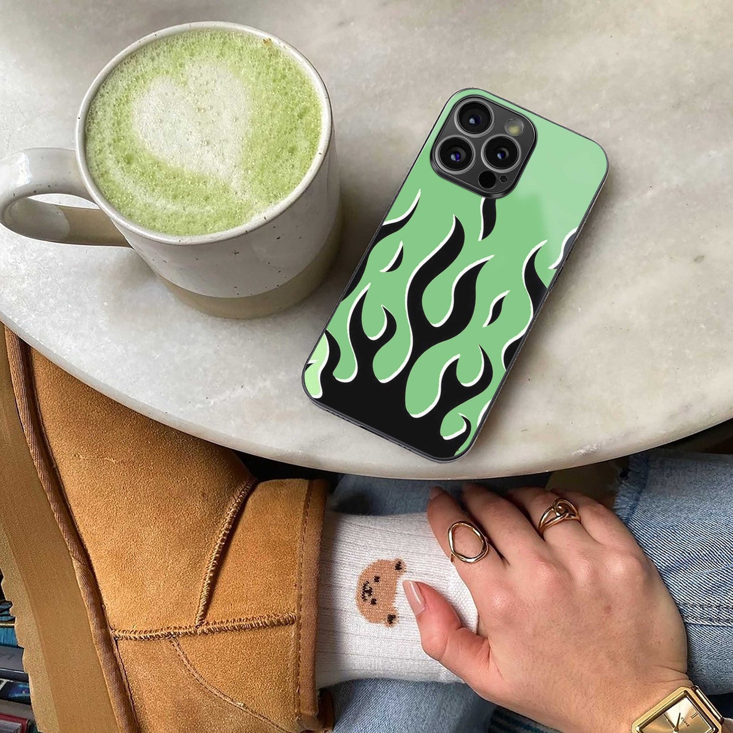 Y2K Retro Green Flames Phone Case for Iphone 16 | Glass Case