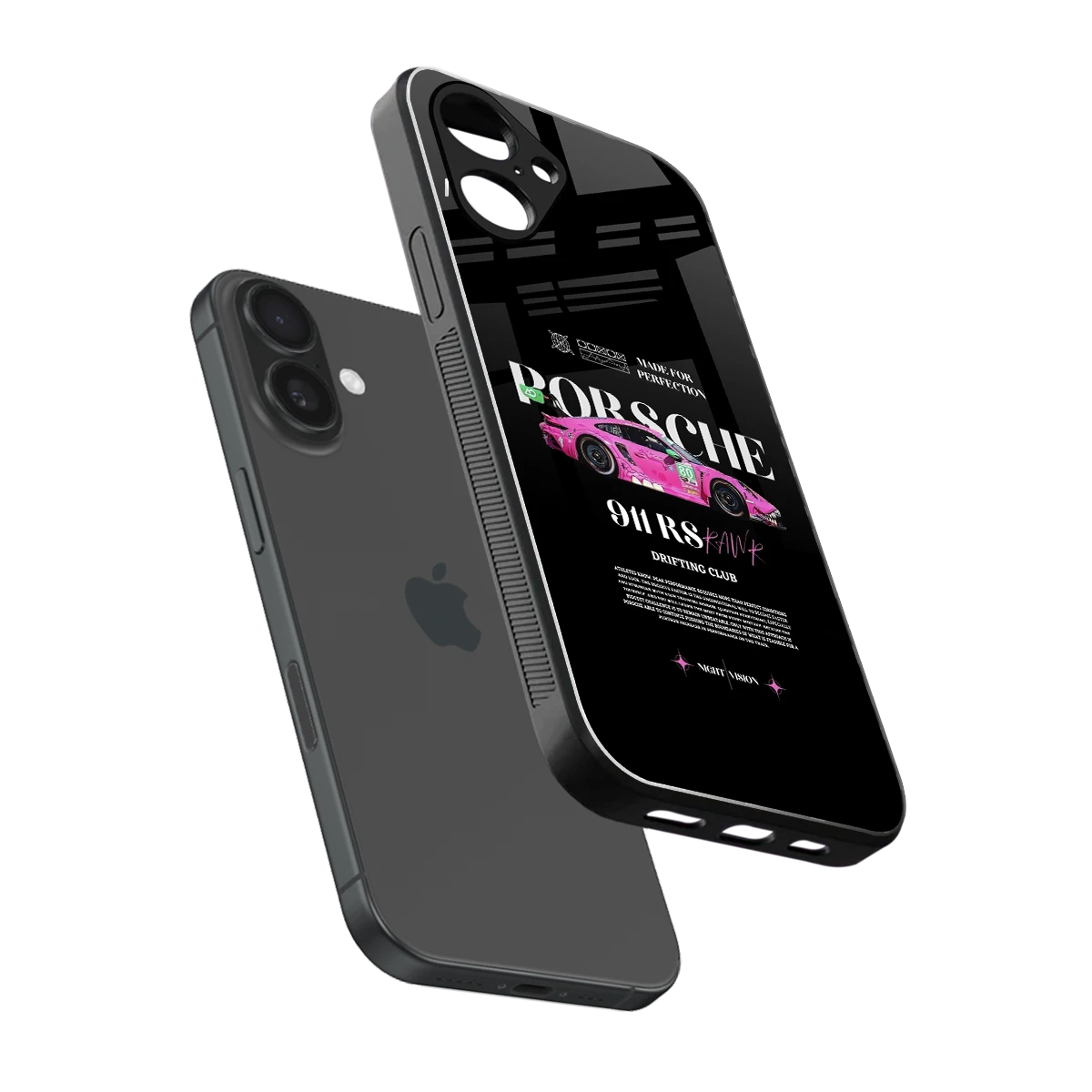 911 Drifting Club sleek iPhone 16 cover with tempered glass back and TPU edges