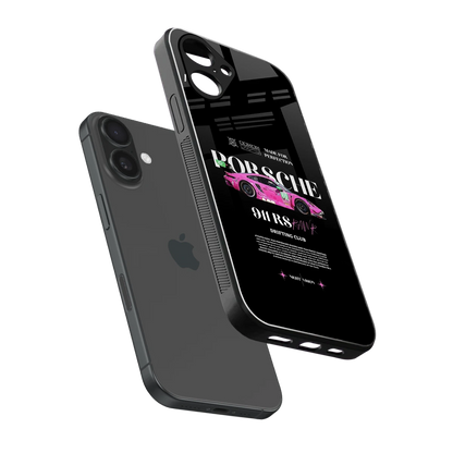 911 Drifting Club sleek iPhone 16 cover with tempered glass back and TPU edges