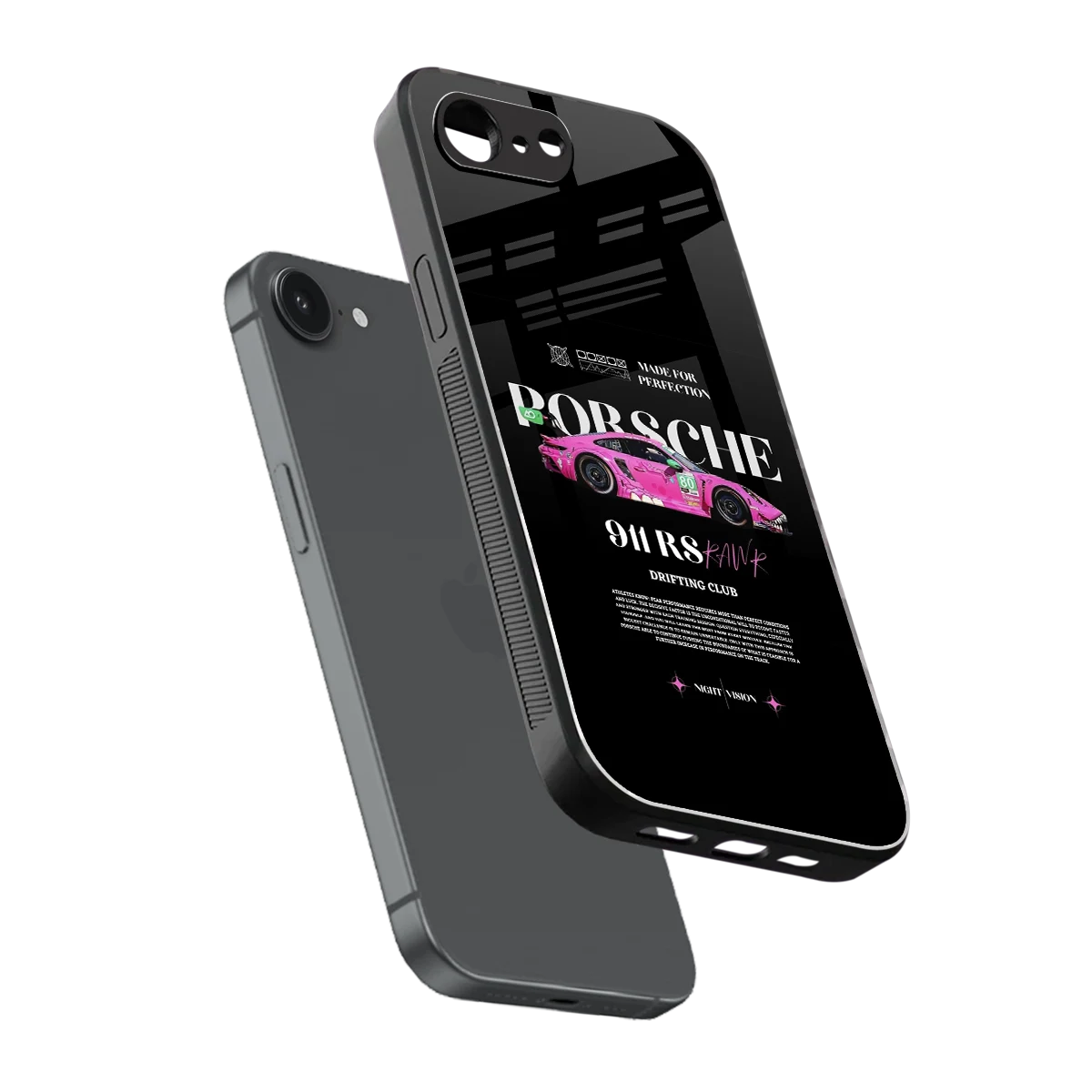 911 Drifting Club sleek iphone 16e cover with tempered glass back and TPU edges