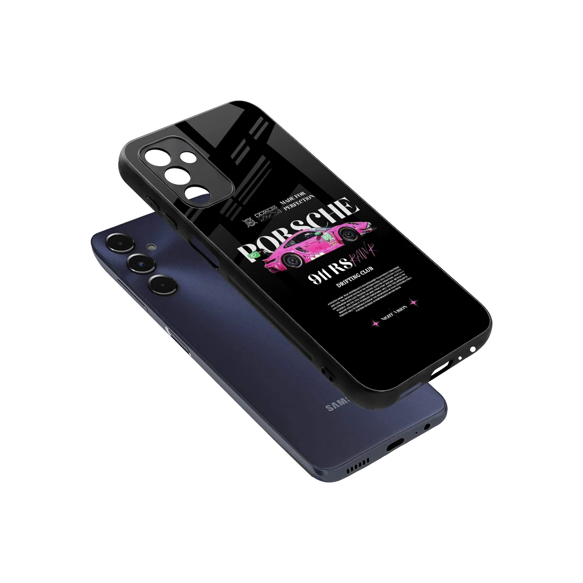911 Drifting Club sleek samsung galaxy m14 5g cover with tempered glass back and TPU edges