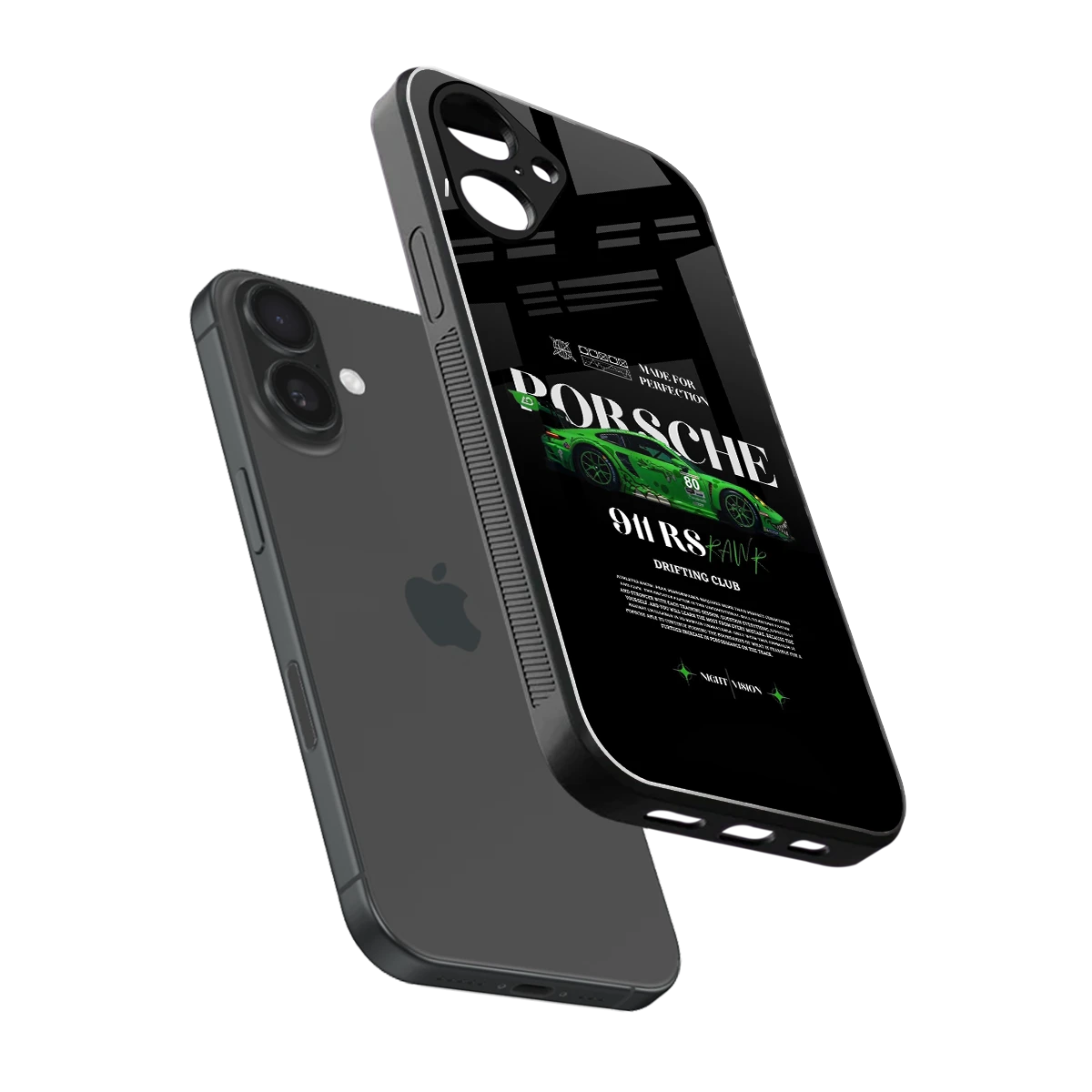911 RS Drifting Club sleek iPhone 16 cover with tempered glass back and TPU edges