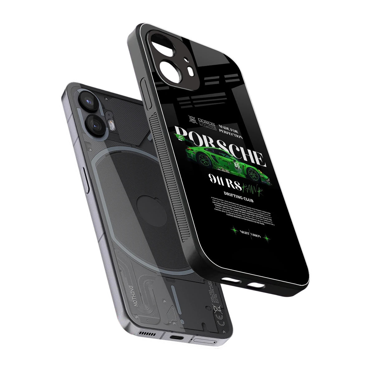 911 RS Drifting Club sleek nothing phone 2 cover with tempered glass back and TPU edges