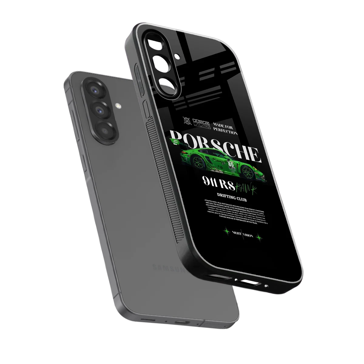 911 RS Drifting Club sleek samsung galaxy f17 5g cover with tempered glass back and TPU edges