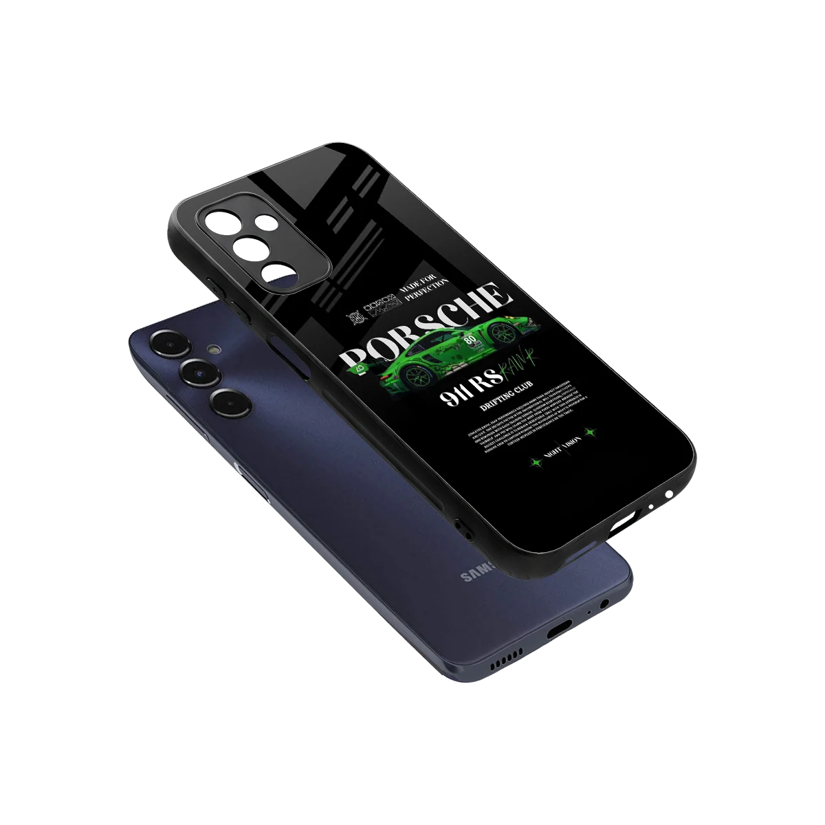911 RS Drifting Club sleek samsung galaxy m14 5g cover with tempered glass back and TPU edges
