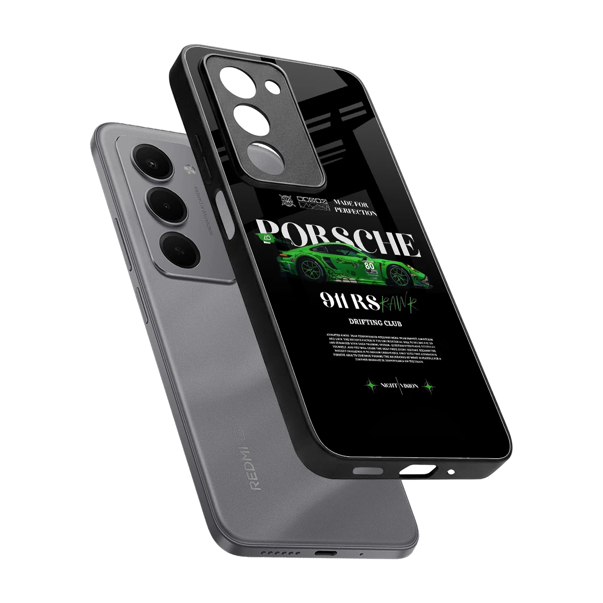 911 RS Drifting Club sleek redmi 15 5g cover with tempered glass back and TPU edges