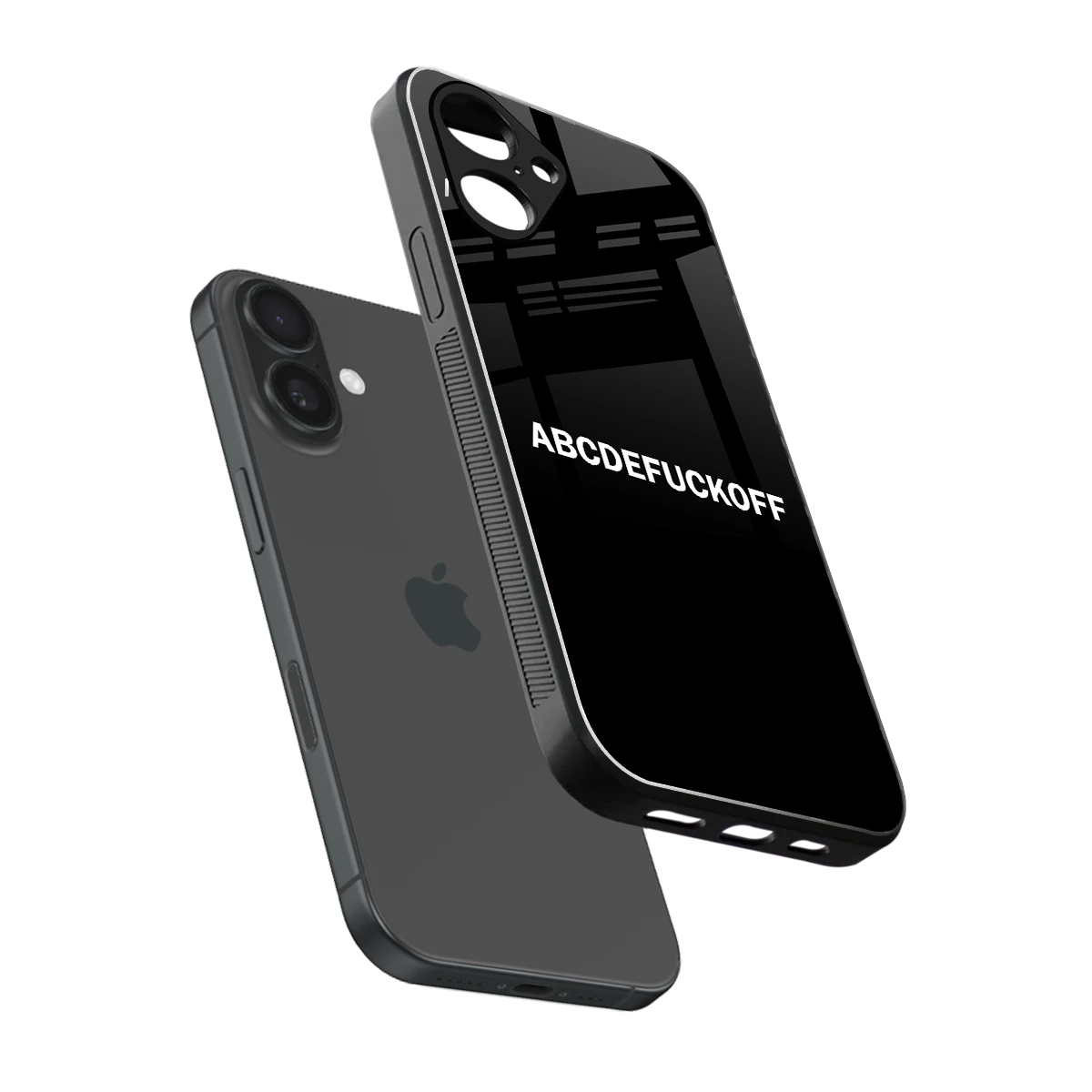 ABCDEFUCKOFF Black sleek iPhone 16 cover with tempered glass back and TPU edges