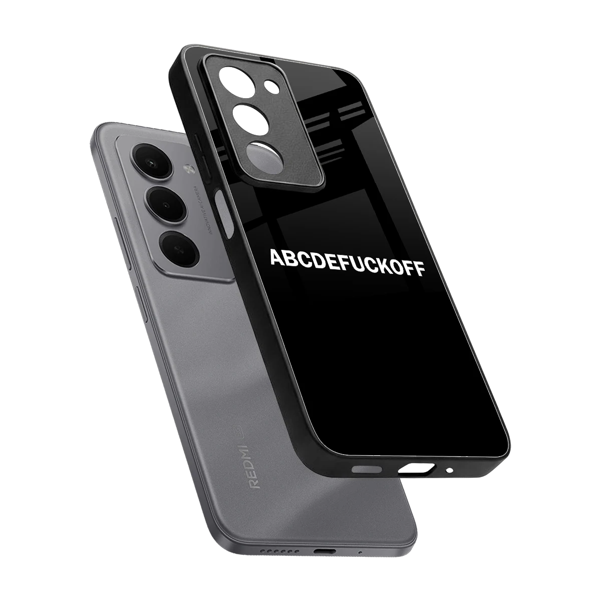 ABCDEFUCKOFF Black sleek redmi 15 5g cover with tempered glass back and TPU edges