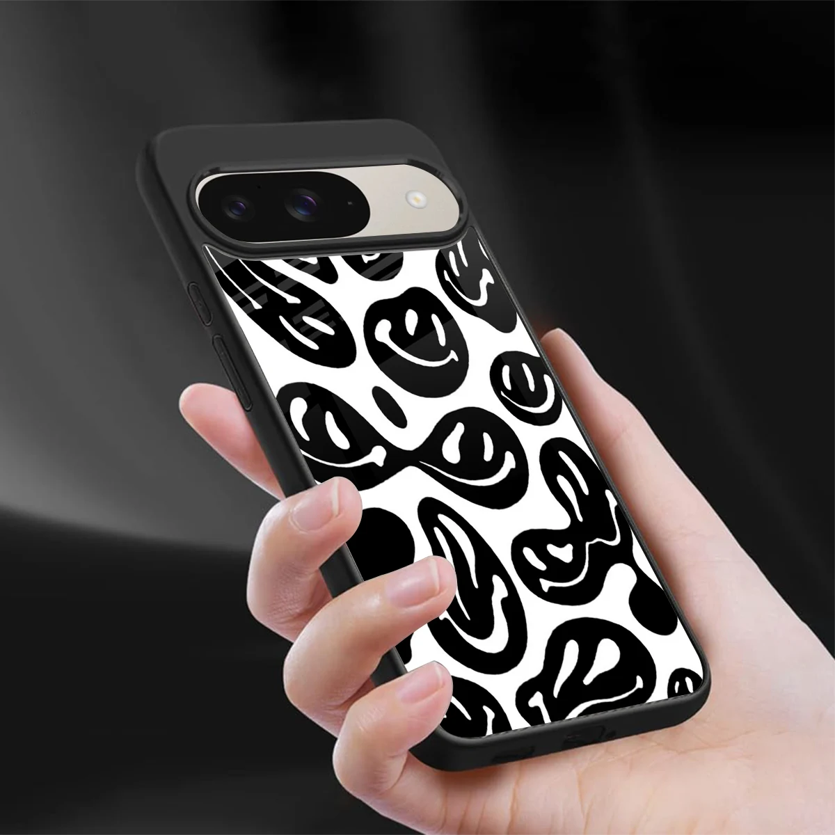 Acid Smiles BW sleek google pixel 9 cover with tempered glass back and TPU edges