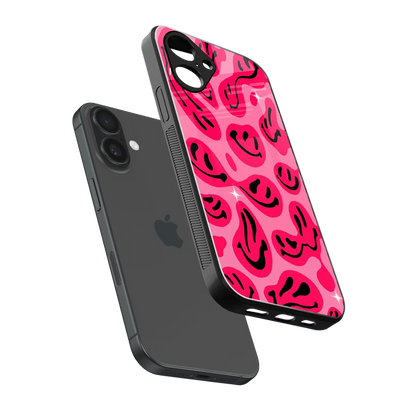 Acid Smiles Pink sleek iPhone 16 cover with tempered glass back and TPU edges