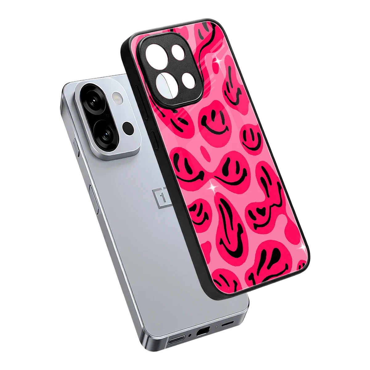 Acid Smiles Pink sleek oneplus 13s cover with tempered glass back and TPU edges