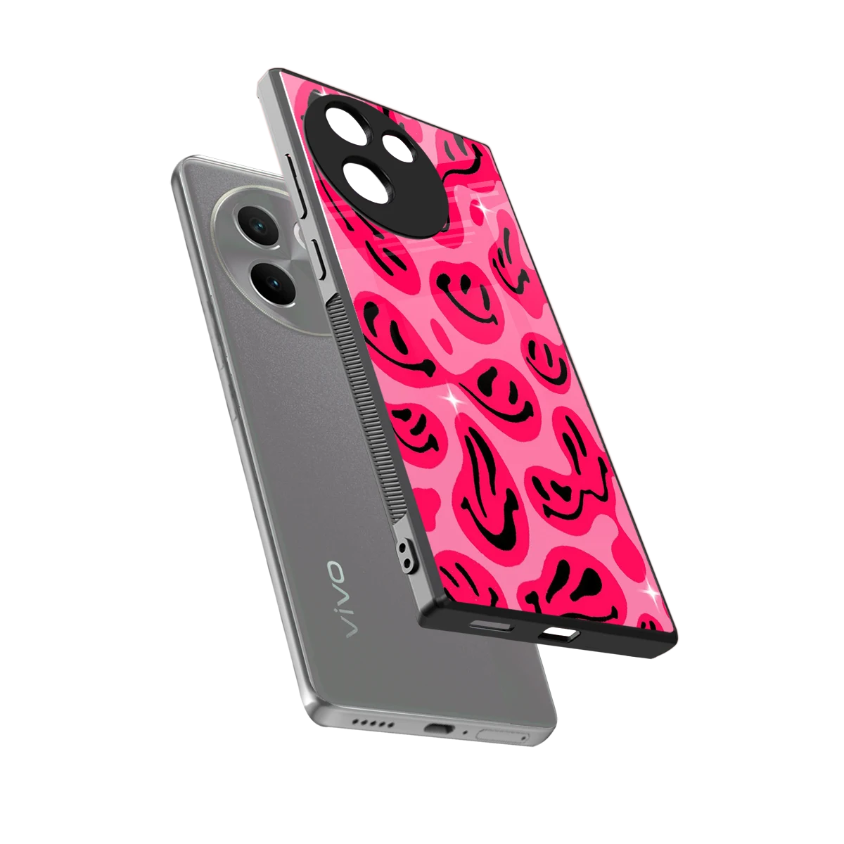 Acid Smiles Pink sleek vivo v30e cover with tempered glass back and TPU edges