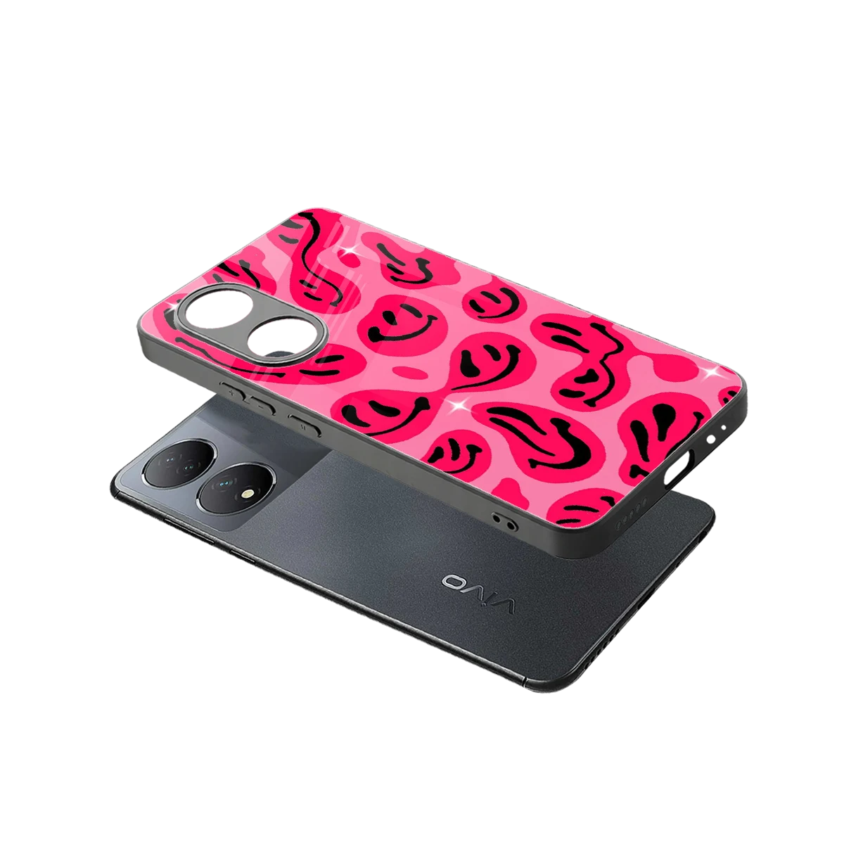 Acid Smiles Pink sleek Vivo-y100 cover with tempered glass back and TPU edges