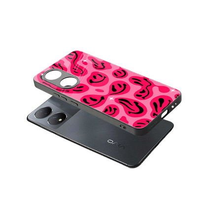 Acid Smiles Pink sleek Vivo-y100 cover with tempered glass back and TPU edges