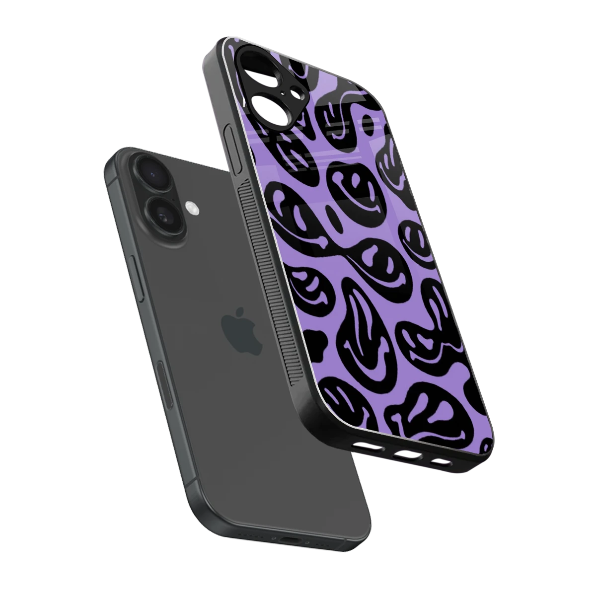 Acid Smiles Purple sleek iPhone 16 cover with tempered glass back and TPU edges