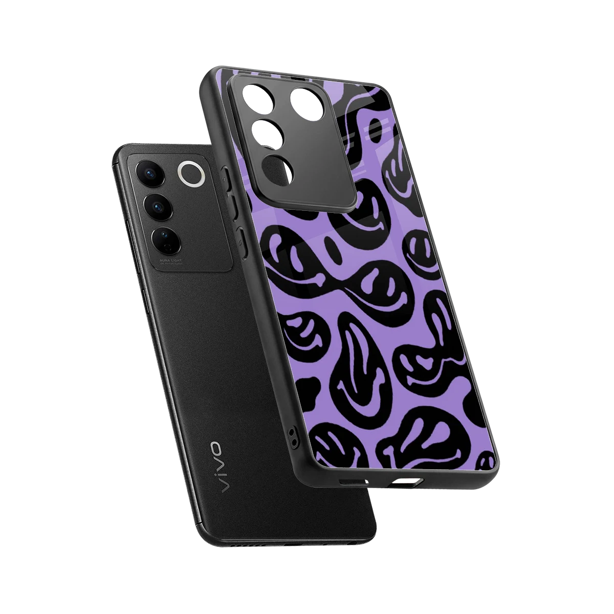 Acid Smiles Purple sleek vivo v27 5g cover with tempered glass back and TPU edges