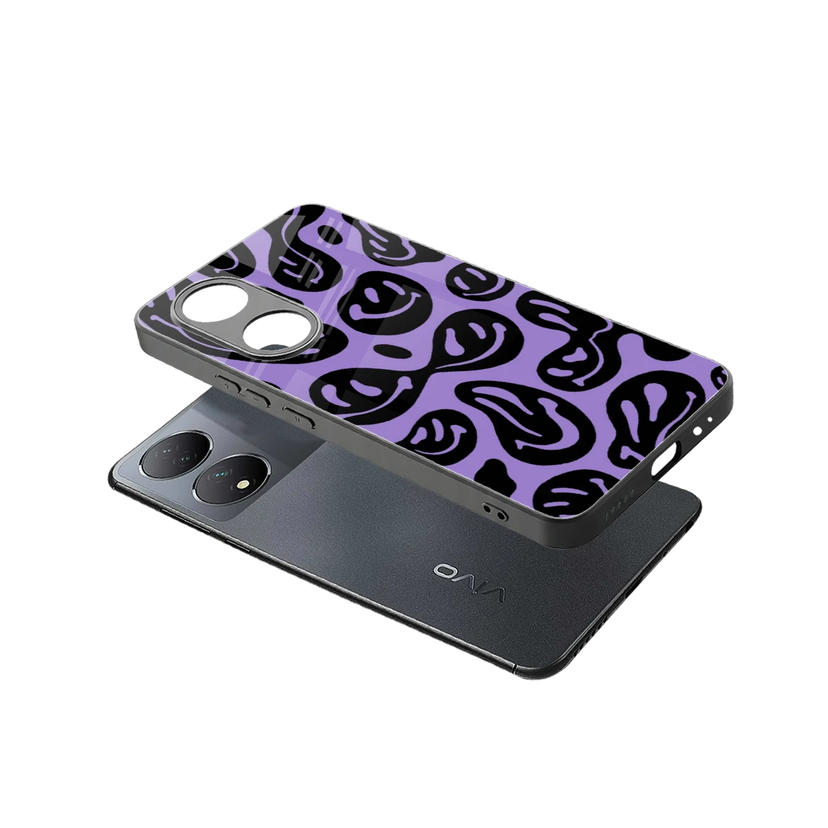 Acid Smiles Purple sleek Vivo-y100 cover with tempered glass back and TPU edges