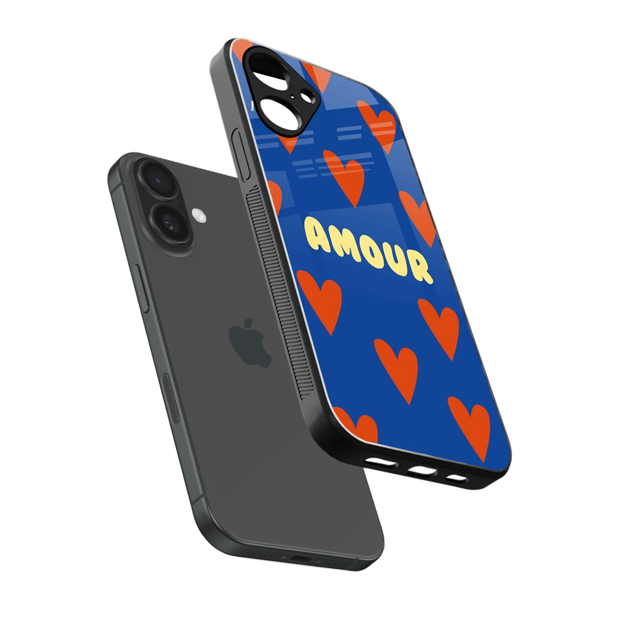 Amour Blue sleek iPhone 16 cover with tempered glass back and TPU edges