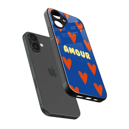 Amour Blue sleek iPhone 16 cover with tempered glass back and TPU edges