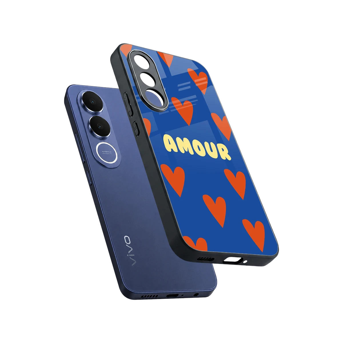 Amour Blue sleek vivo v70 fe cover with tempered glass back and TPU edges