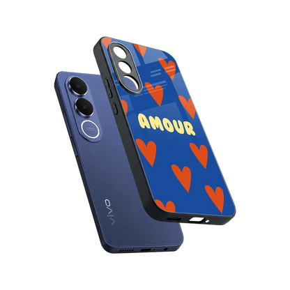Amour Blue sleek vivo v70 fe cover with tempered glass back and TPU edges