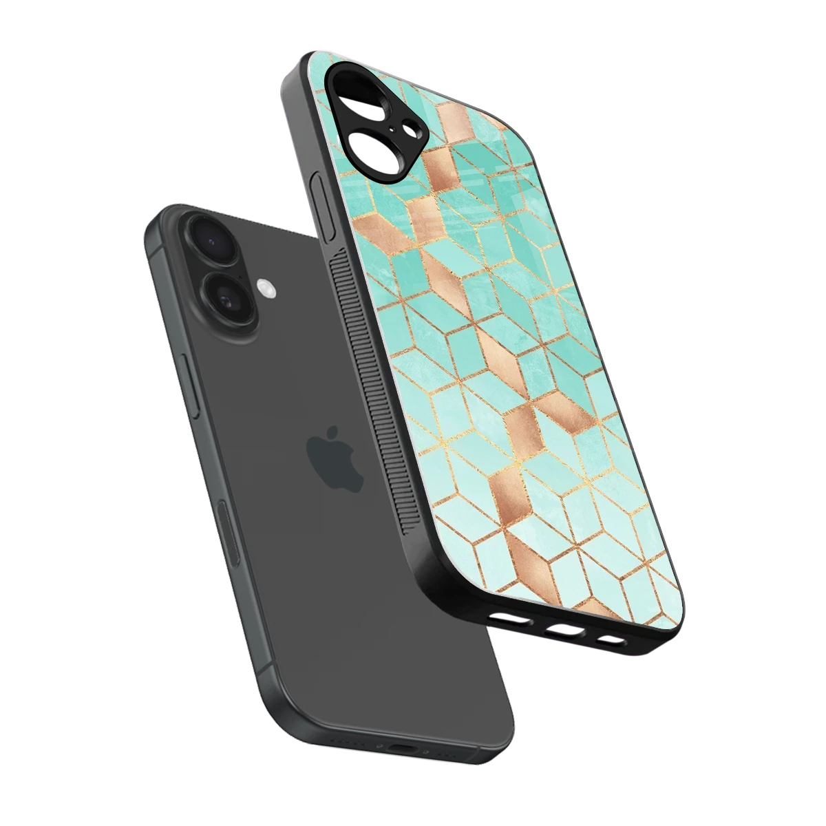 Aqua Mosaic sleek iPhone 16 cover with tempered glass back and TPU edges