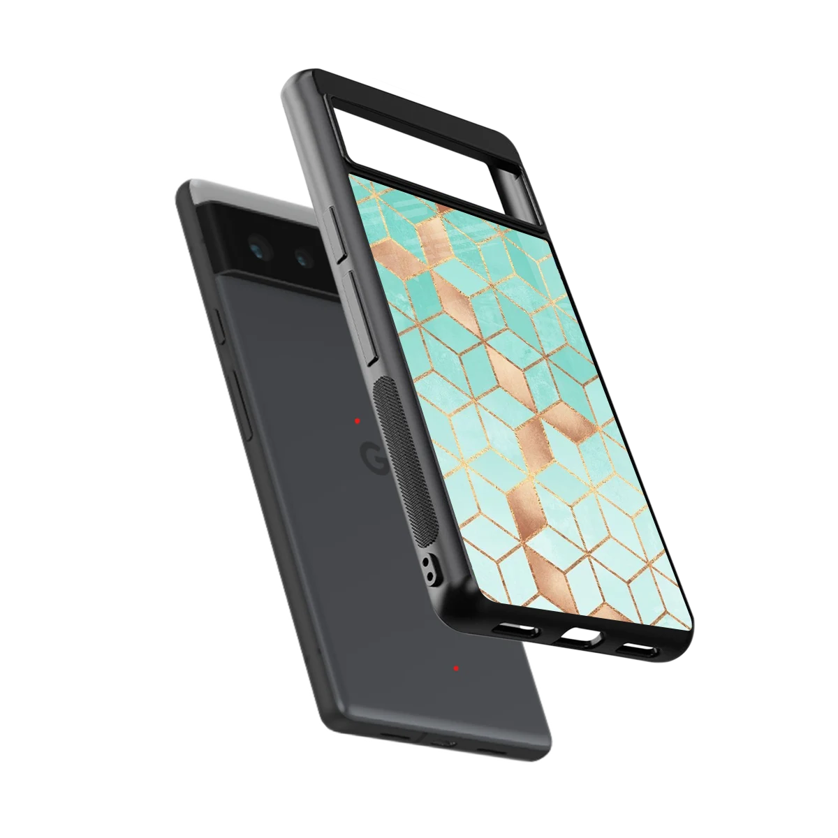 Aqua Mosaic sleek google pixel 6a cover with tempered glass back and TPU edges
