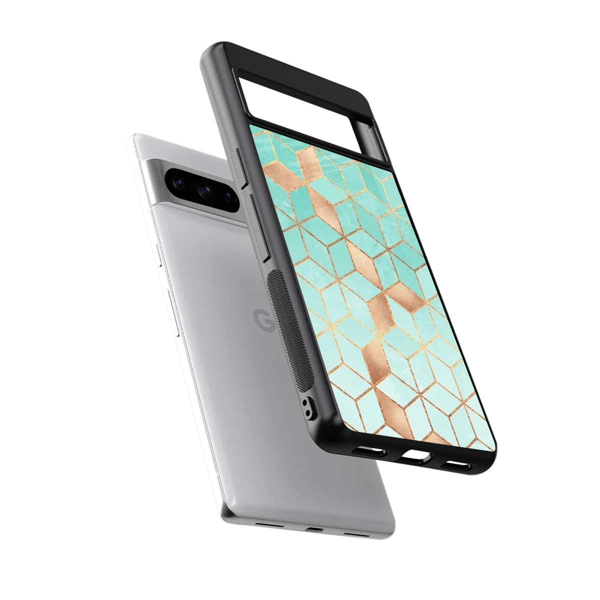 Aqua Mosaic sleek google pixel 8 pro cover with tempered glass back and TPU edges
