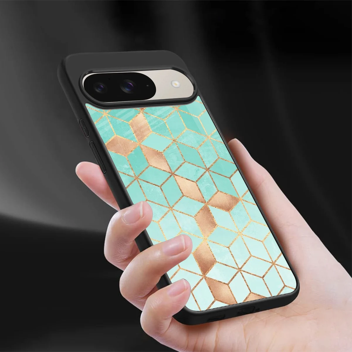 Aqua Mosaic sleek google pixel 9 cover with tempered glass back and TPU edges