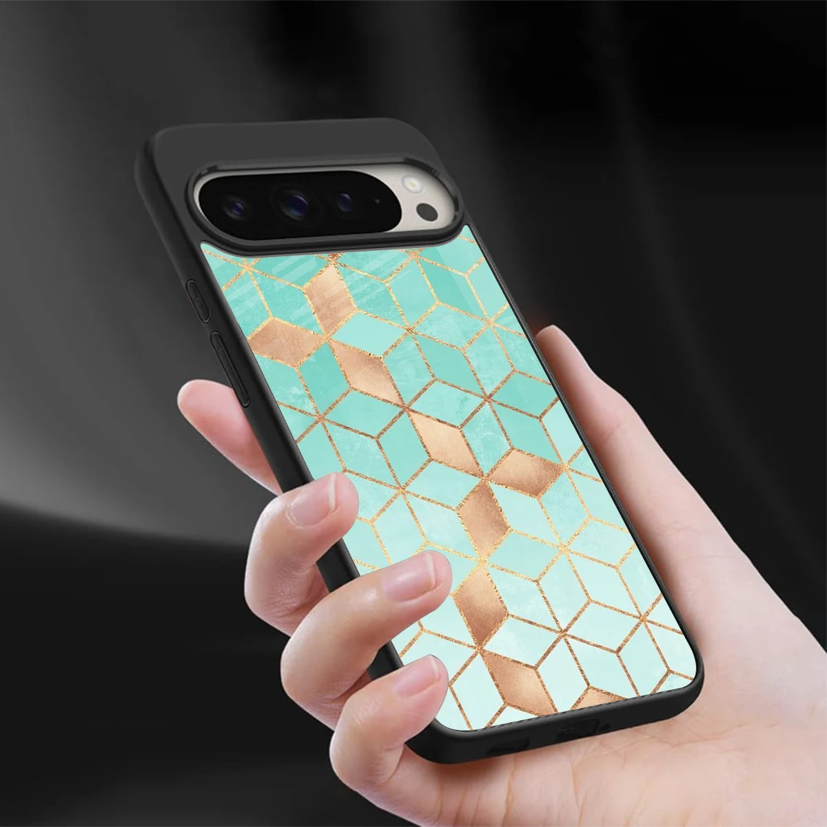 Aqua Mosaic sleek google pixel 9 pro cover with tempered glass back and TPU edges