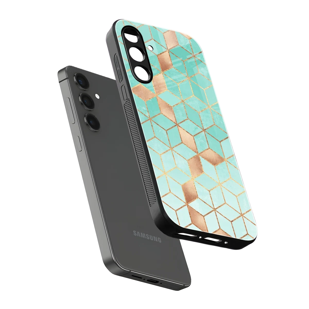 Aqua Mosaic sleek samsung galaxy a14 5g cover with tempered glass back and TPU edges