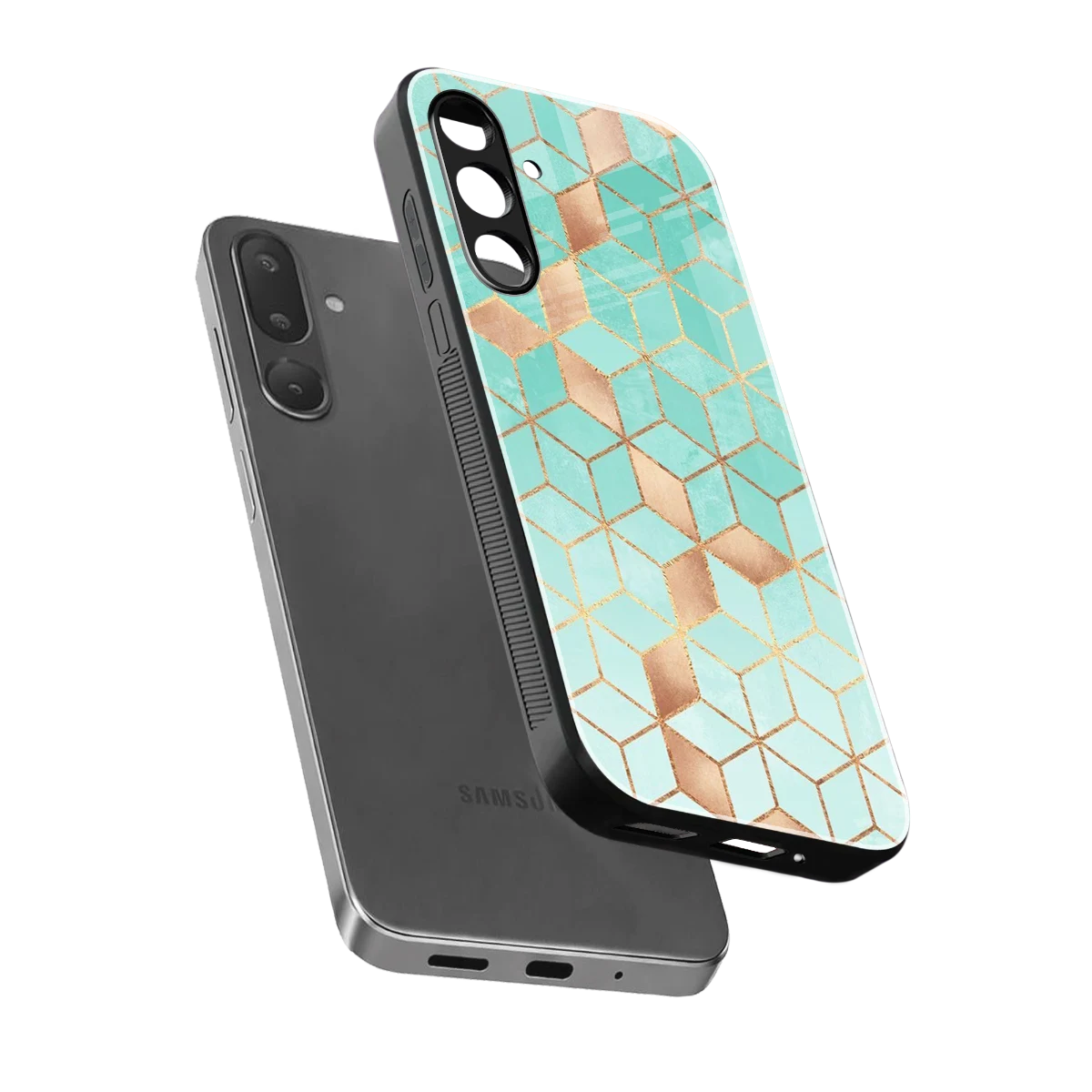 Aqua Mosaic sleek samsung galaxy m56 5g cover with tempered glass back and TPU edges