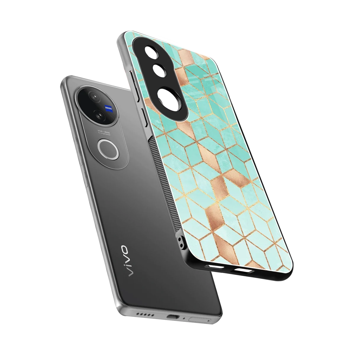 Aqua Mosaic sleek vivo v50 cover with tempered glass back and TPU edges
