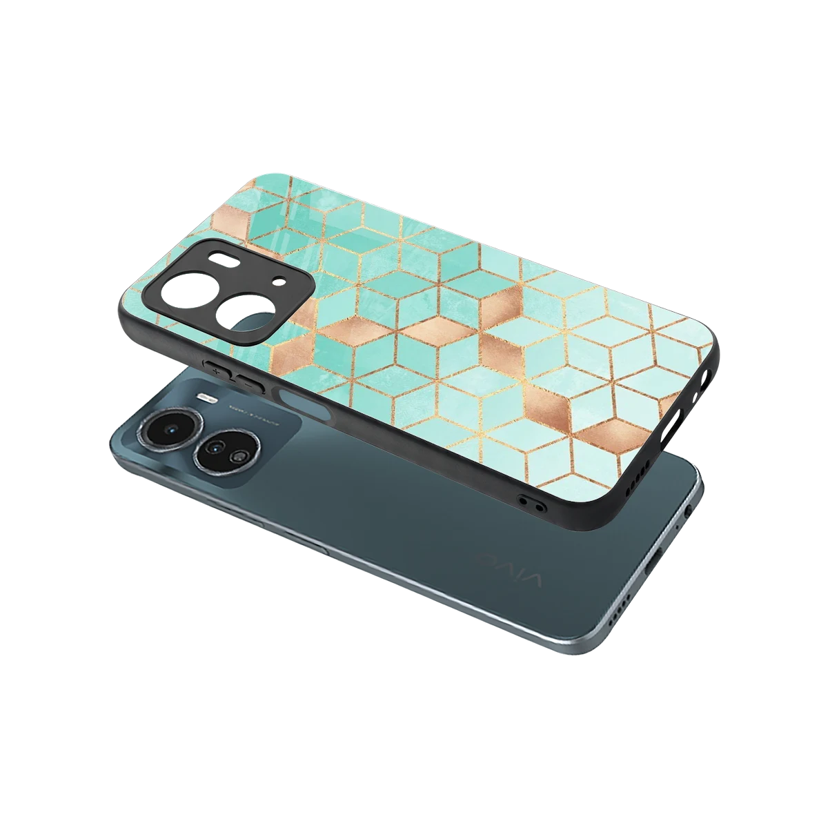 Aqua Mosaic sleek vivo y16 cover with tempered glass back and TPU edges