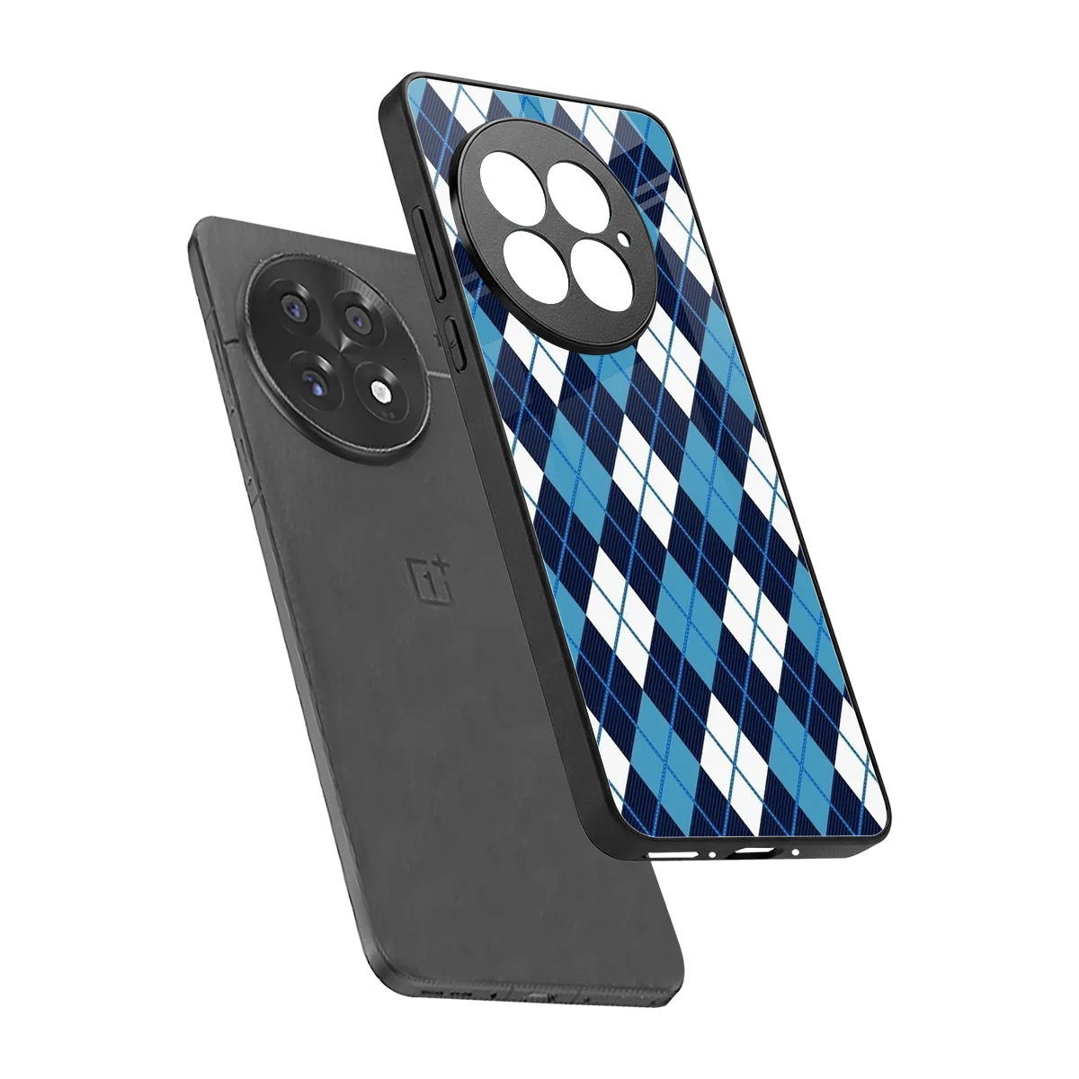 Argyle Blue sleek oneplus 13 cover with tempered glass back and TPU edges