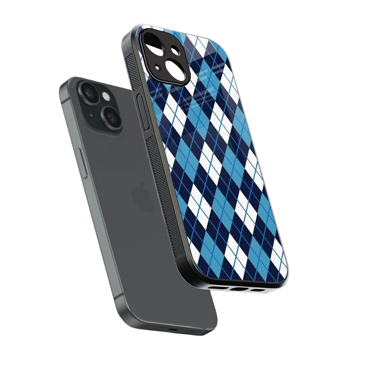 Argyle Blue sleek iphone 13 cover with tempered glass back and TPU edges