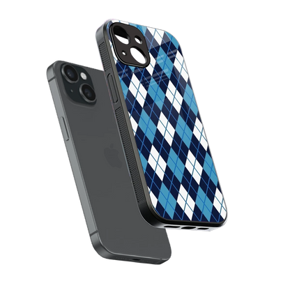 Argyle Blue sleek iphone 13 cover with tempered glass back and TPU edges