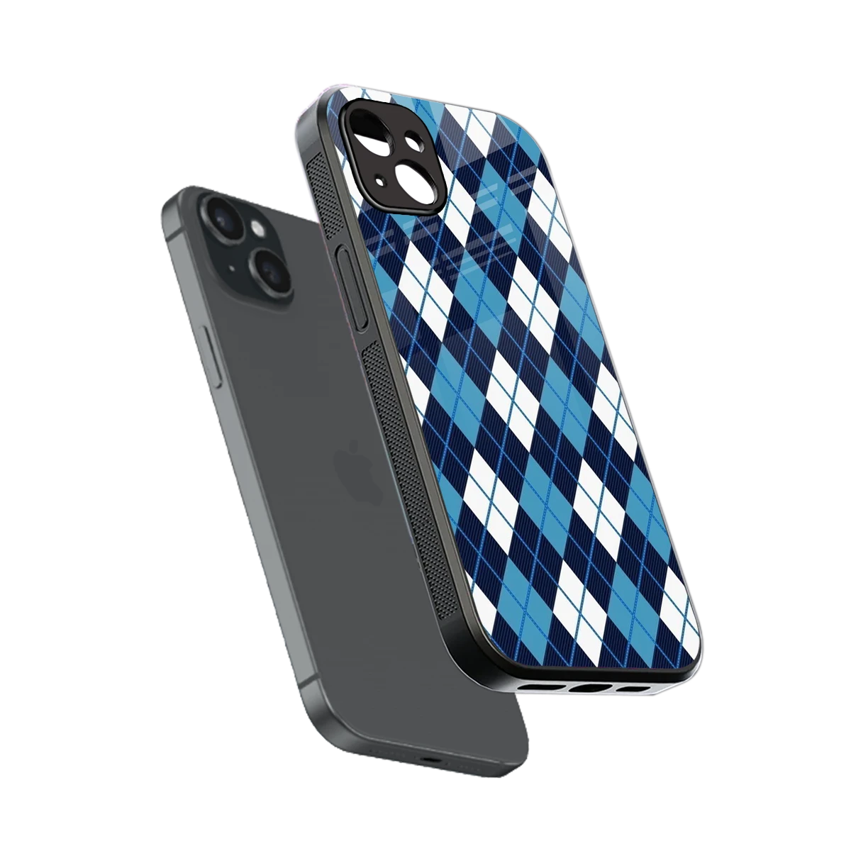Argyle Blue sleek iphone 14 plus cover with tempered glass back and TPU edges