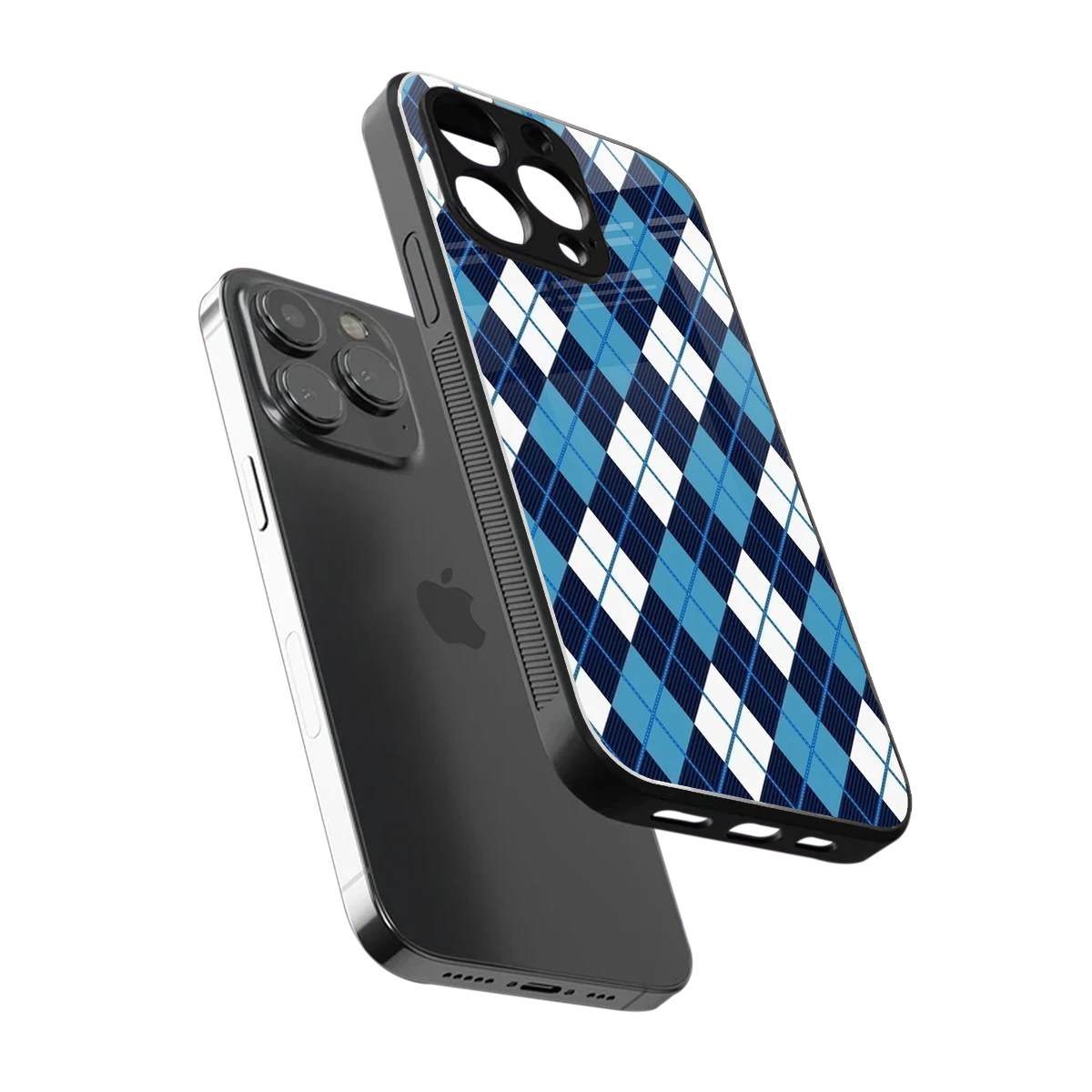 Argyle Blue sleek iphone 15 pro cover with tempered glass back and TPU edges