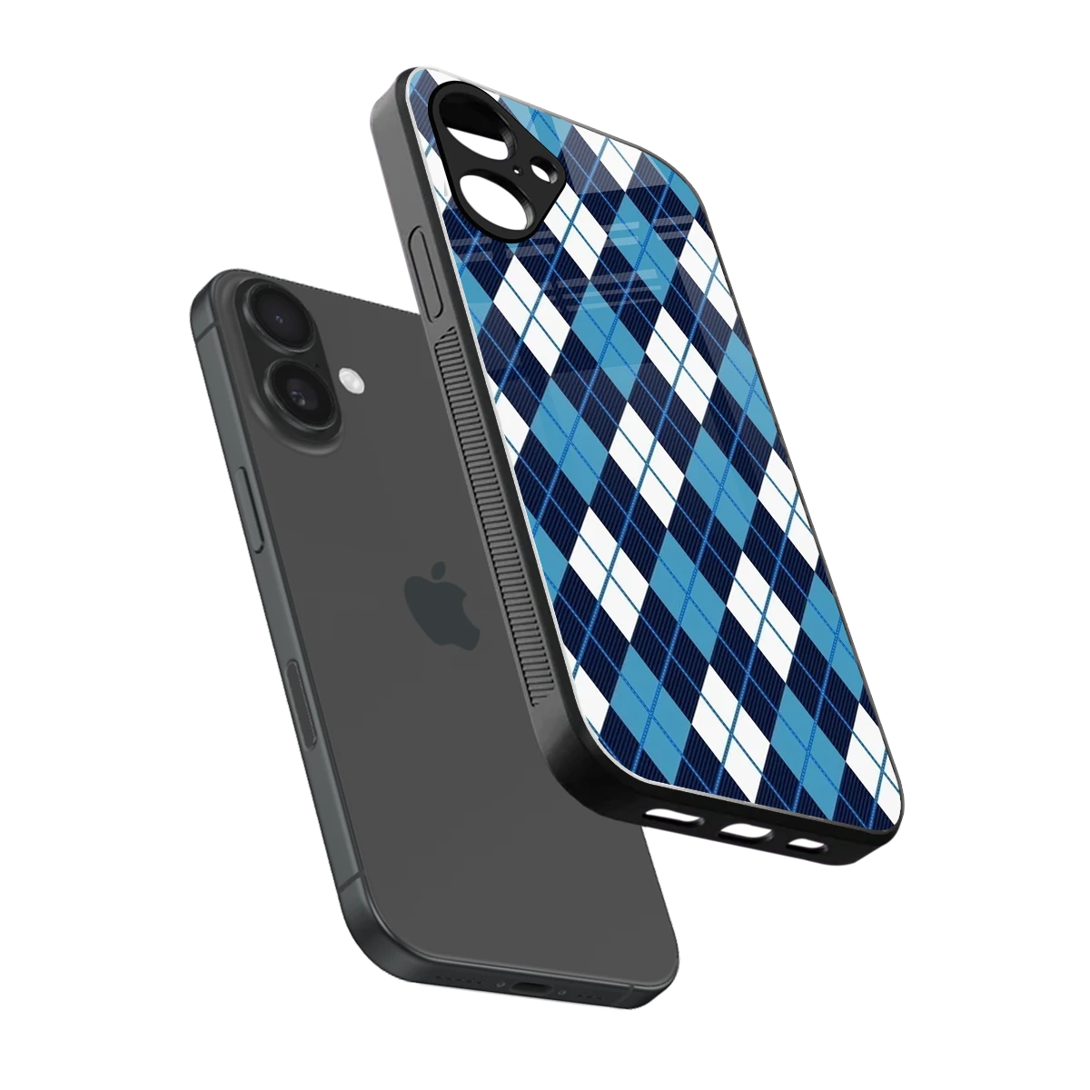 Argyle Blue sleek iPhone 16 cover with tempered glass back and TPU edges