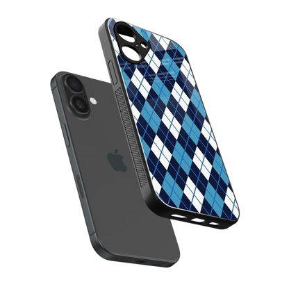 Argyle Blue sleek iPhone 16 cover with tempered glass back and TPU edges