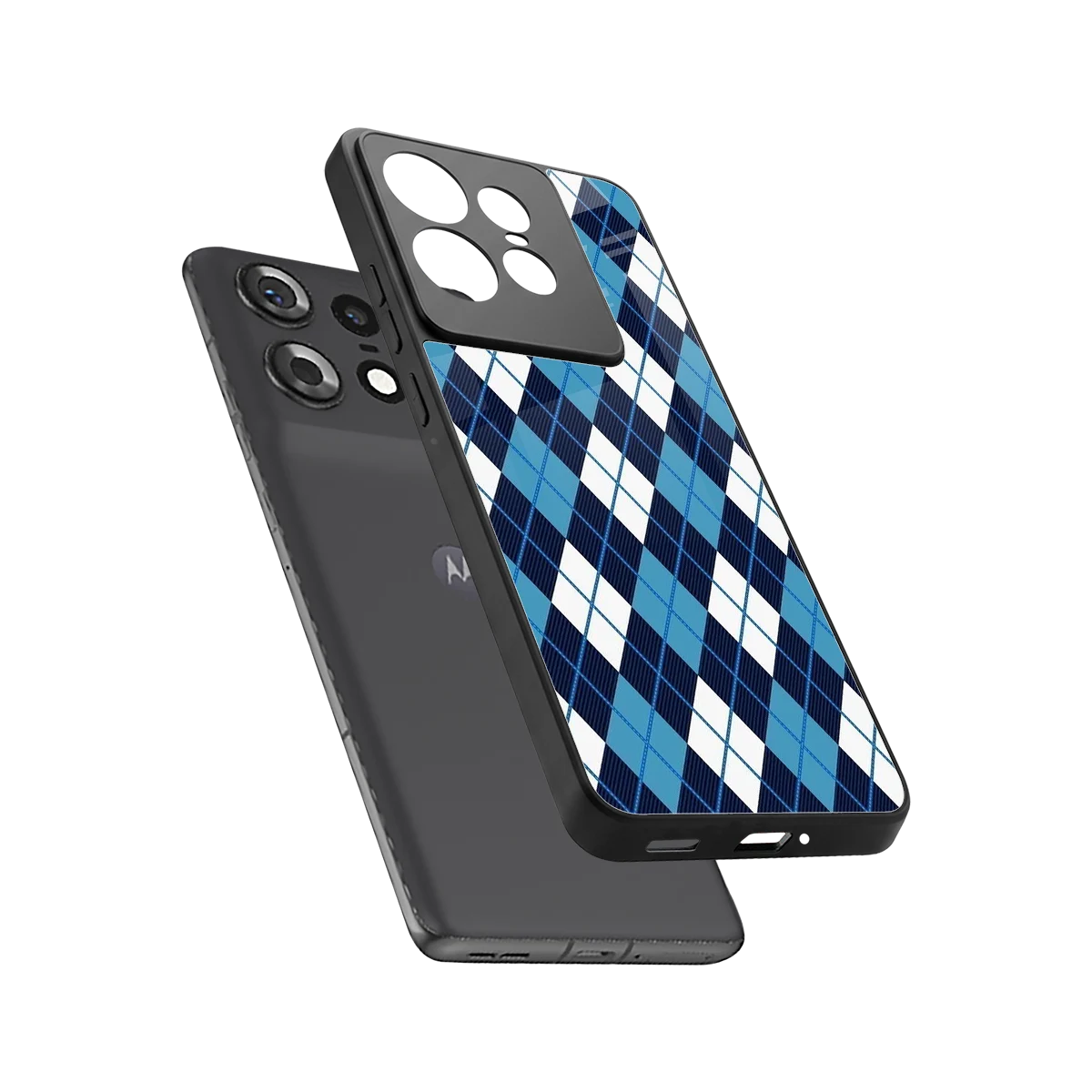 Argyle Blue sleek motorola edge 50 pro cover with tempered glass back and TPU edges