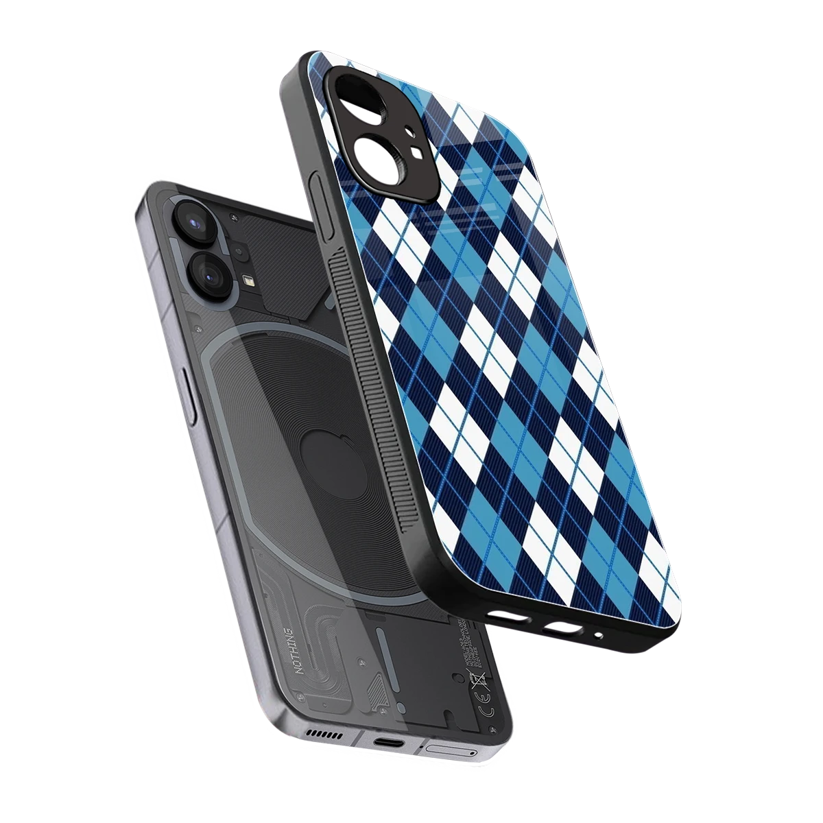 Argyle Blue sleek nothing phone 1 cover with tempered glass back and TPU edges