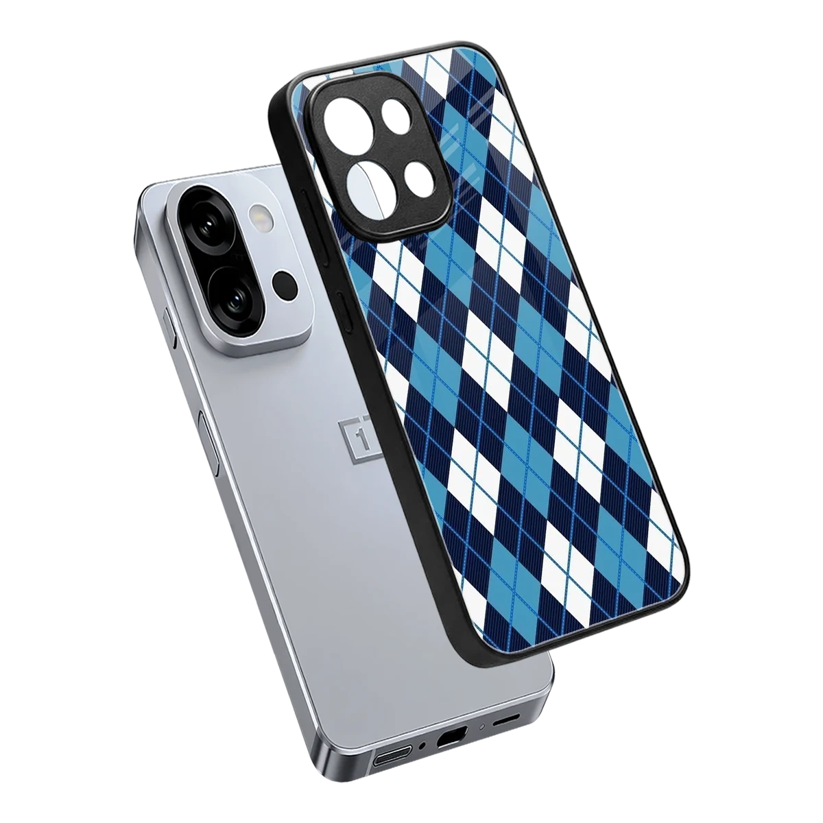Argyle Blue sleek oneplus 13s cover with tempered glass back and TPU edges