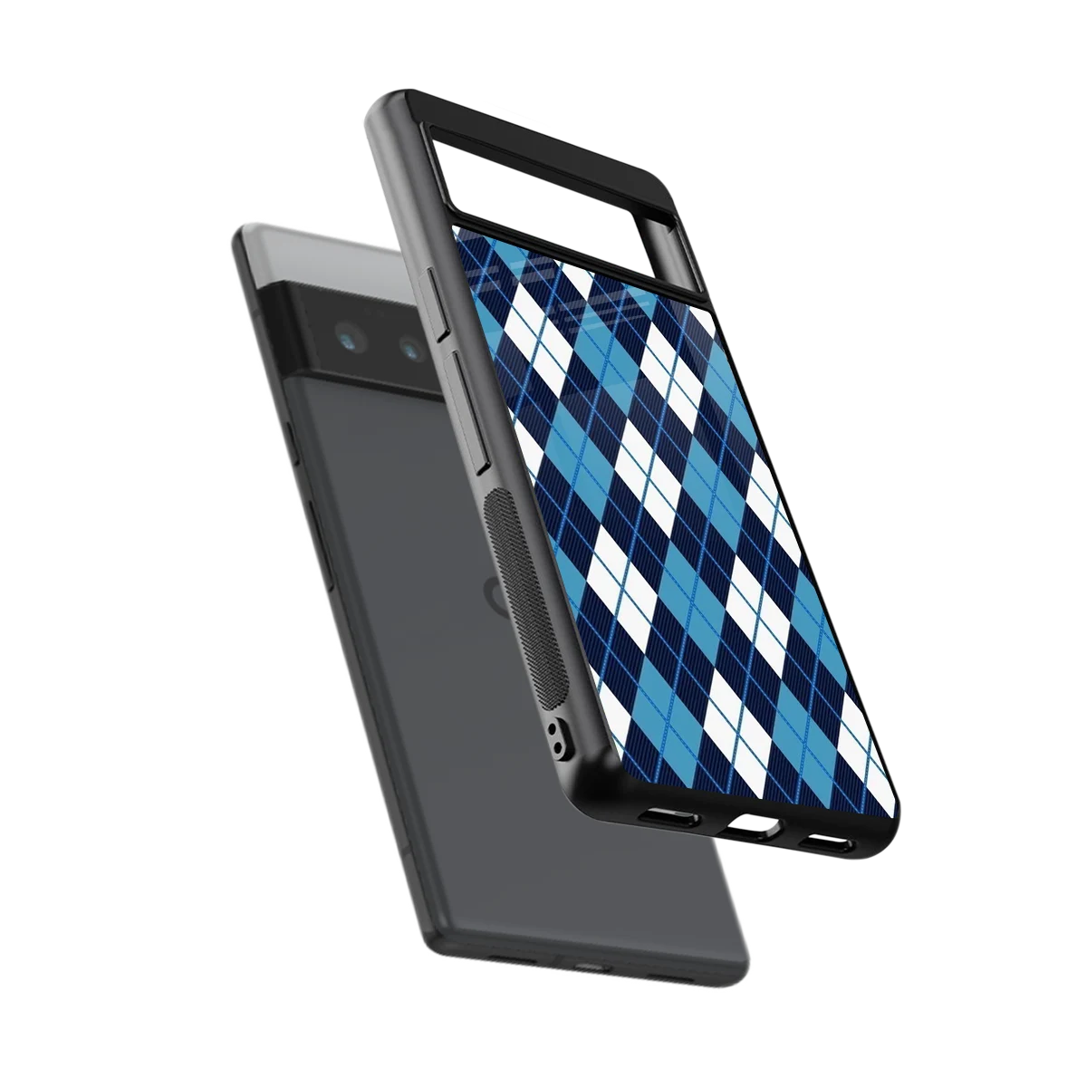 Argyle Blue sleek google pixel 6 pro cover with tempered glass back and TPU edges