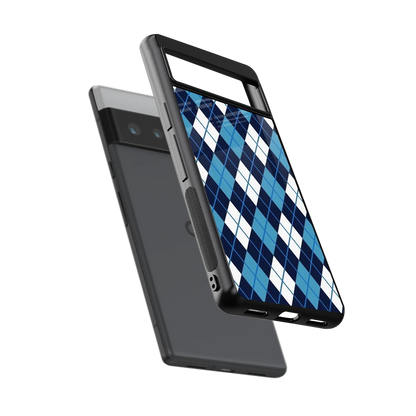 Argyle Blue sleek google pixel 6 pro cover with tempered glass back and TPU edges
