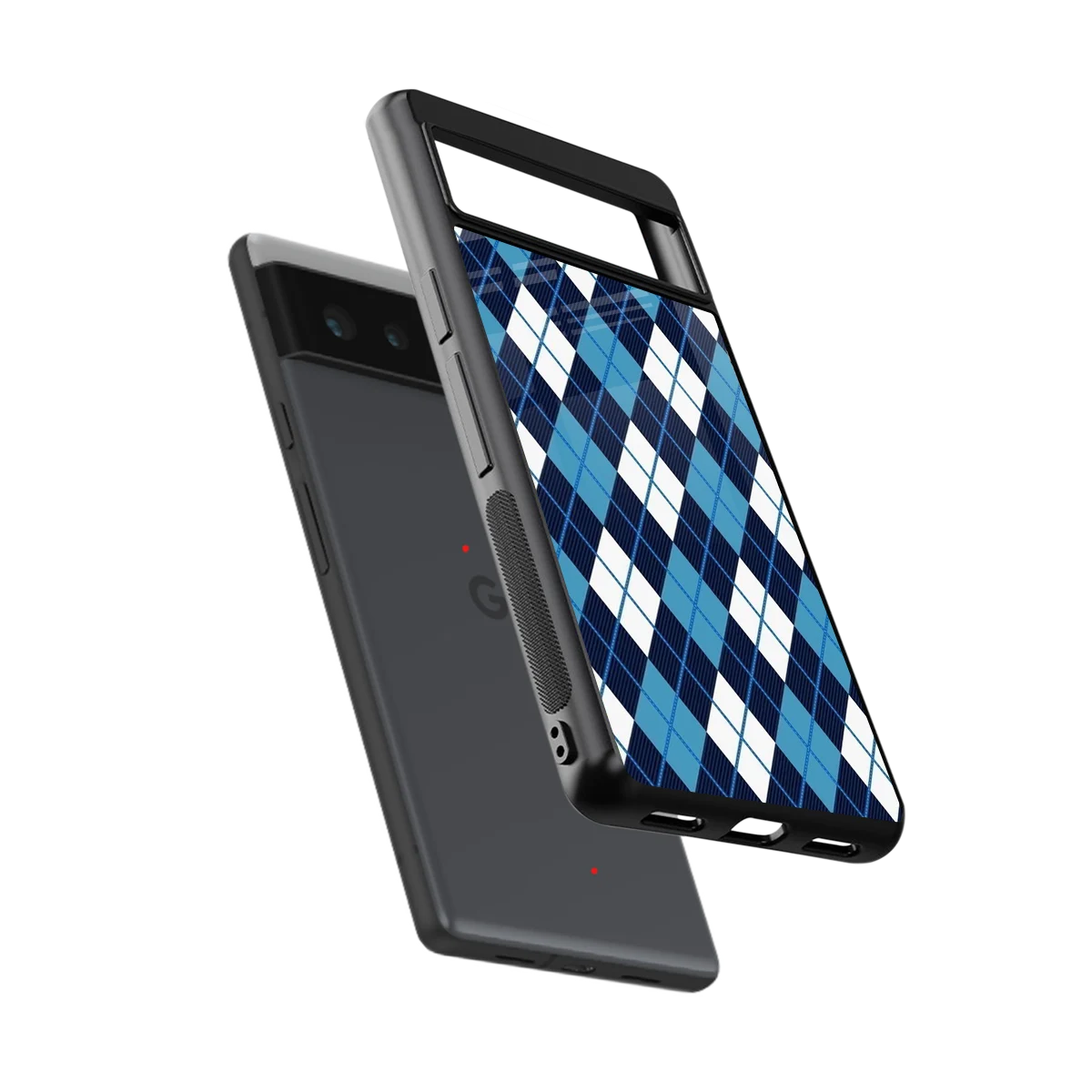 Argyle Blue sleek google pixel 6a cover with tempered glass back and TPU edges