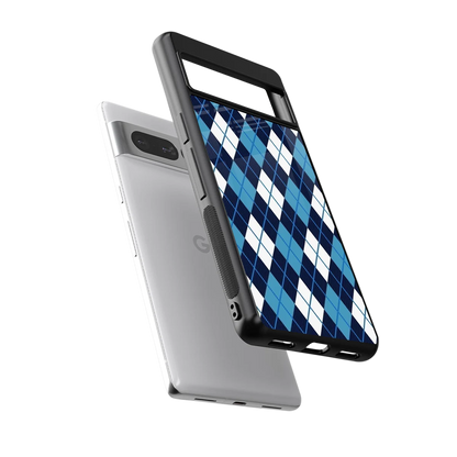 Argyle Blue sleek google pixel 7 pro cover with tempered glass back and TPU edges