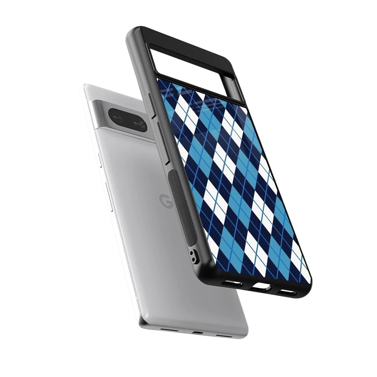Argyle Blue sleek google pixel 7 cover with tempered glass back and TPU edges