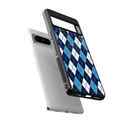 Argyle Blue sleek google pixel 8 pro cover with tempered glass back and TPU edges
